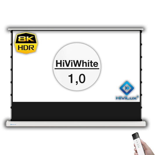HiViLux® weiss Boden-Motorleinwand – HiViWhite Cinema 1,0 – Schwarz/Weiß