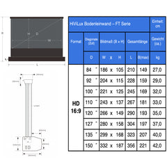 HiViLux® UST/CLR hoogcontrast vrijstaand vloerprojectiescherm – HiViPrism Cinema HDR – zwart/wit