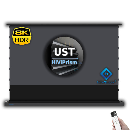 HiViLux® 16:9 Tension Motorized Projection Screen – Grey HiViGrey Cinema 0.8 – Black/White Housing 