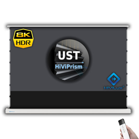 HiViLux® 16:9 Tension Motorized Projection Screen – Grey HiViGrey Cinema 0.8 – Black/White Housing 