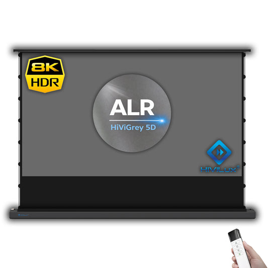 HiViLux® 16:9 Tension Motorized Projection Screen – Grey HiViGrey Cinema 0.8 – Black/White Housing 