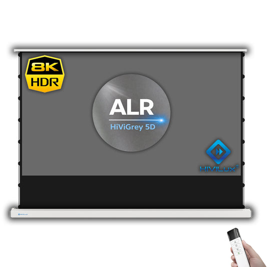 HiViLux® 16:9 Tension Motorized Projection Screen – Grey HiViGrey Cinema 0.8 – Black/White Housing 