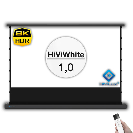 HiViLux® weiss Boden-Motorleinwand – HiViWhite Cinema 1,0 – Schwarz/Weiß