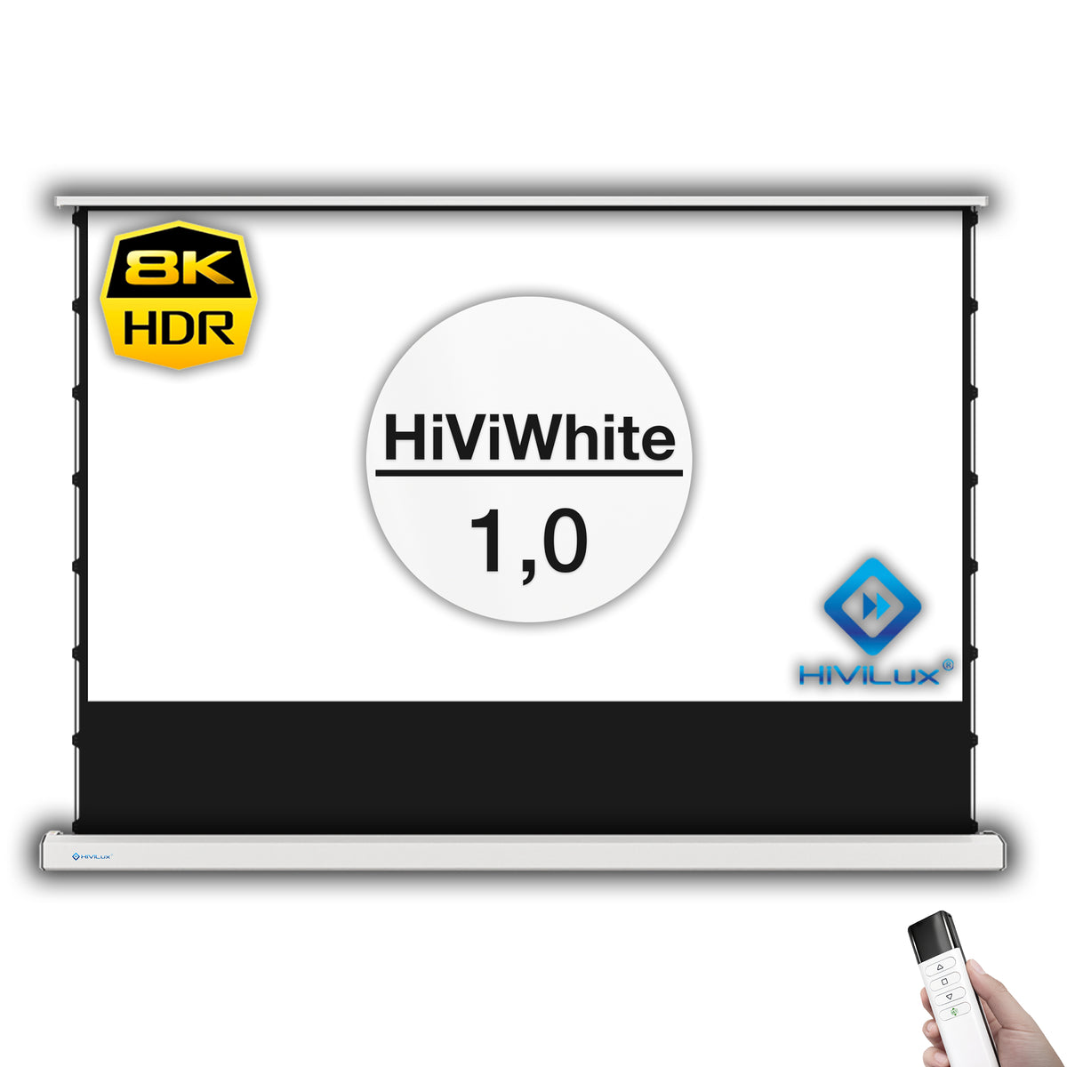 HiViLux® weiss Boden-Motorleinwand – HiViWhite Cinema 1,0 – Schwarz/Weiß