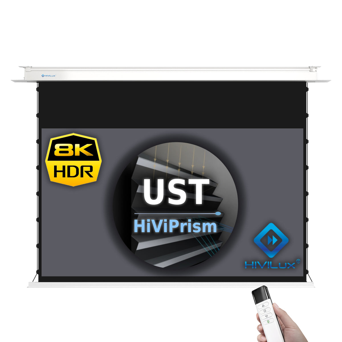 HiViLux® UST/CLR Recessed Ceiling Tension Motorized Screen with HiViPrism Cinema HDR