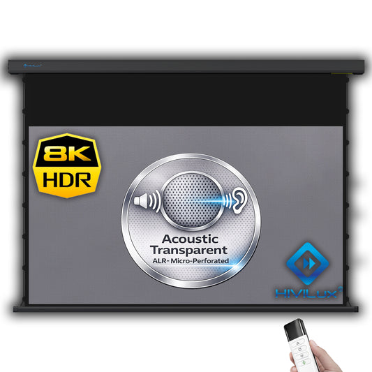 HiViLux® 16:9 Tension Motorized Projection Screen – Grey HiViGrey Cinema 0.8 – Black/White Housing 