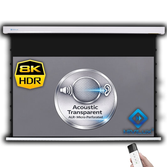 HiViLux® 16:9 Tension Motorized Projection Screen – Grey HiViGrey Cinema 0.8 – Black/White Housing 