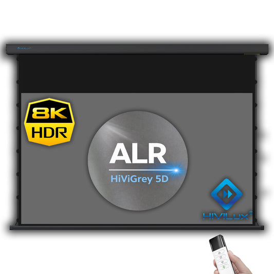 HiViLux® 16:9 Tension Motorized Projection Screen – Grey HiViGrey Cinema 0.8 – Black/White Housing 