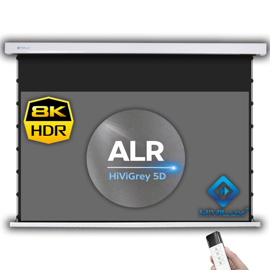 HiViLux® 16:9 Tension Motorized Projection Screen – Grey HiViGrey Cinema 0.8 – Black/White Housing 