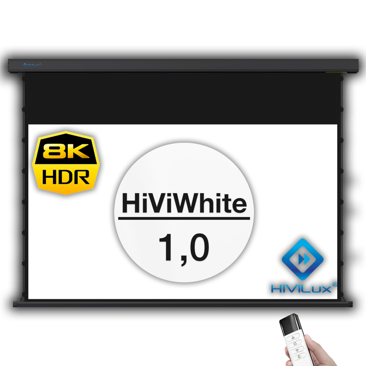 HiViLux® Tension-Motorleinwand – HiViWhite Cinema 1,0 Weißtuch – Gehäuse Schwarz/Weiß